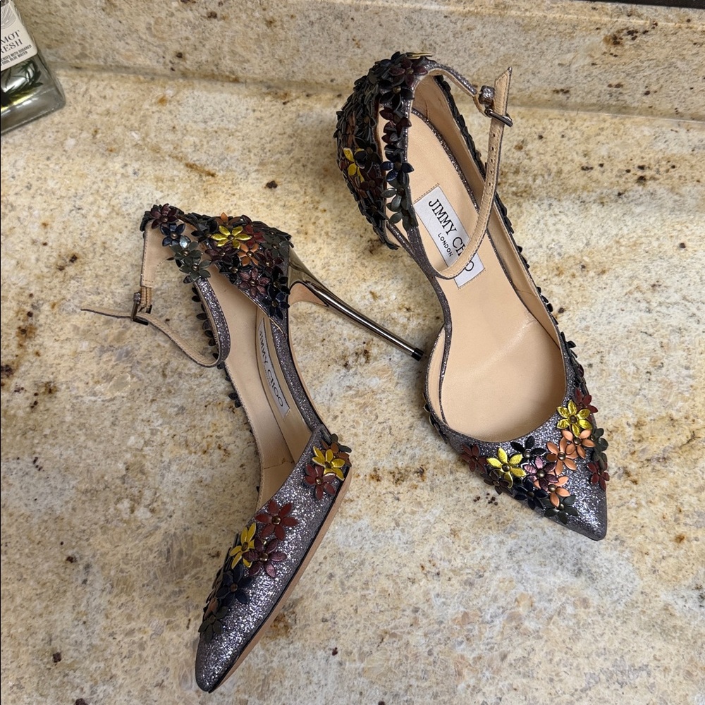 Jimmy Choo Floral Embellished Lorelai glitter heels 38.5 - Picture 8 of 17
